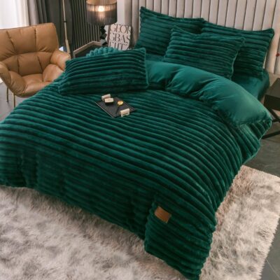 Lenjerie Pat Dublu cu Elastic, Material Pufos Cocolino, 4 Piese, UNI, Verde, J22308