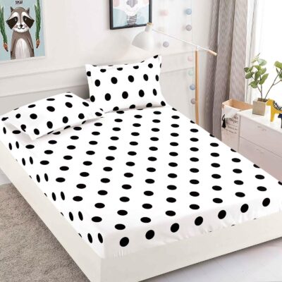 Husa Pat dublu cu elastic, Bumbac FINET, 180 x 200 cm, Buline, Alb/Negru, J23337