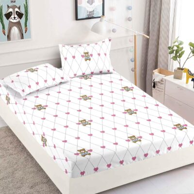 Husa Pat dublu cu elastic, Bumbac FINET, 180 x 200 cm, Ursuleti, Alb/Roz, J23347