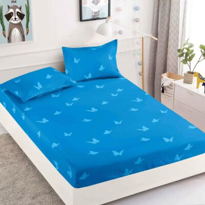 Husa Pat dublu cu elastic, Bumbac FINET, 180 x 200 cm, Fluturi, Albastru, J23345