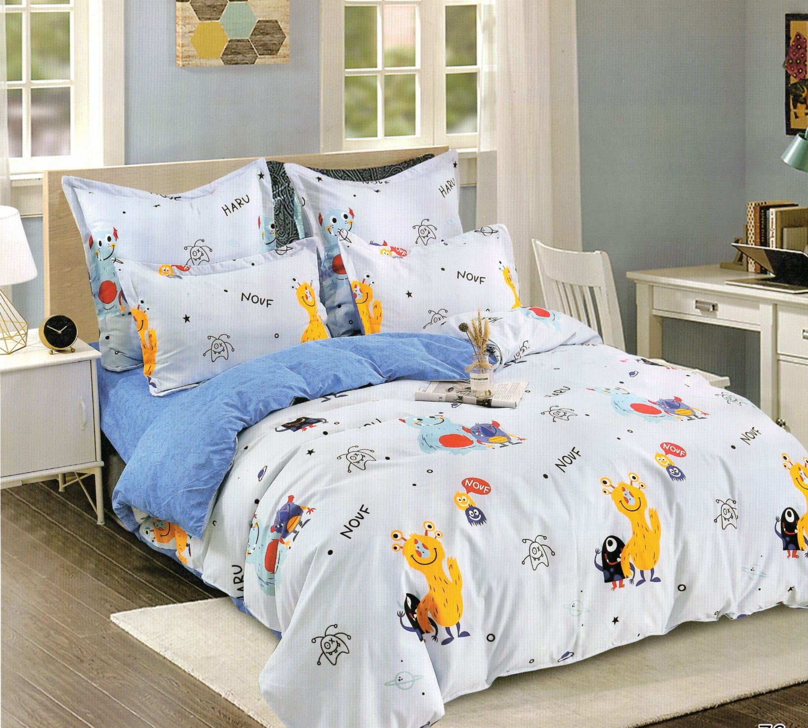 Lenjerie pat dublu, 6 Piese, Bumbac Finet, Animalute, Ble/Albastru, ST23586