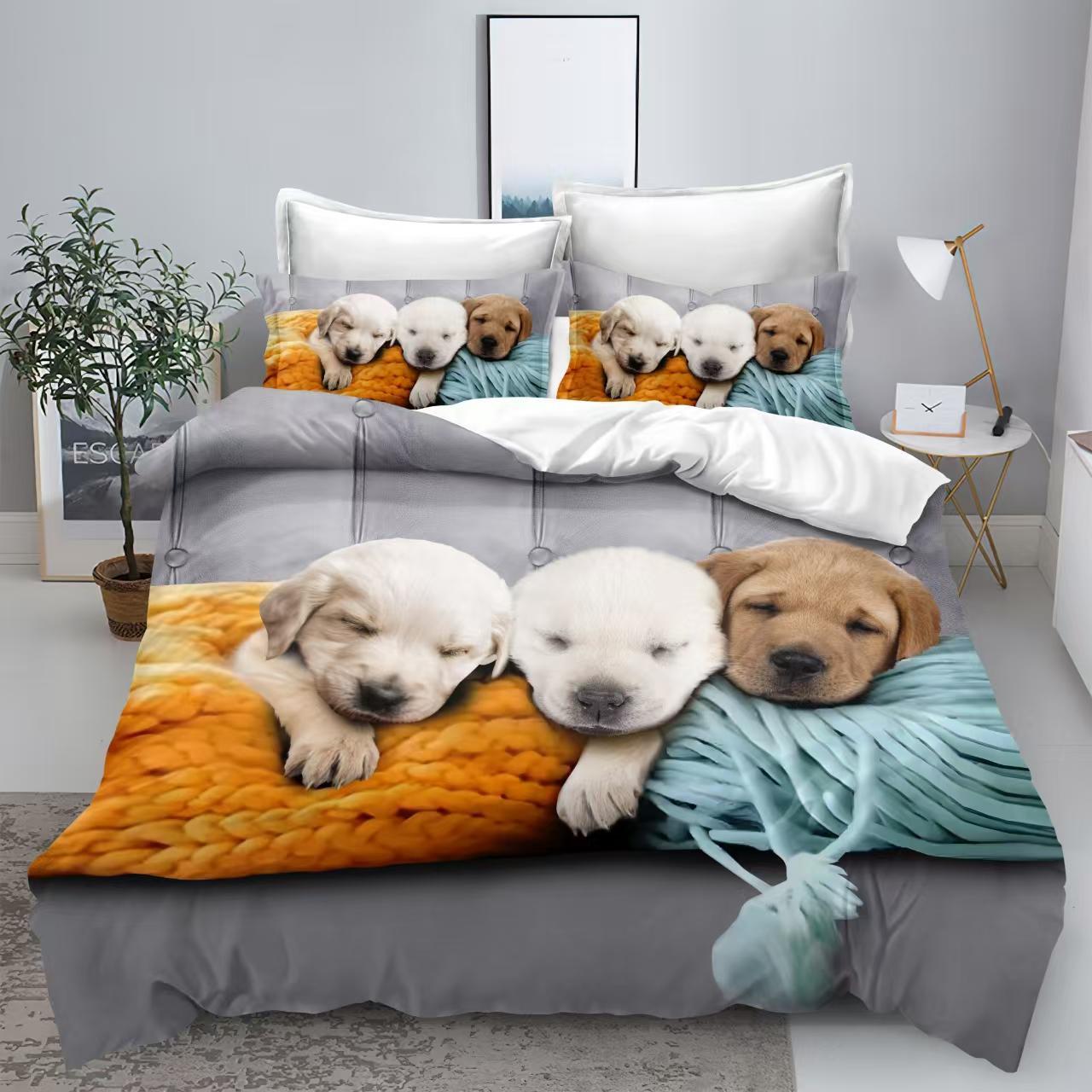 Lenjerie pat dublu, Bumbac Finet Superior, 6 Piese, Bumbac Finet, Catelusi, Multicolor, N23508