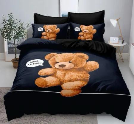 Lenjerie pat dublu, Bumbac Finet Superior, 6 Piese, Bumbac Finet, Ursulet, Negru/Maro, N23521