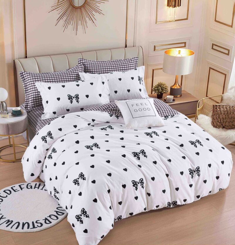 Lenjerie pat single 1 Persoana, 4 PIESE, Bumbac Finet, Inimi/Fundite, Alb/Negru, J23718