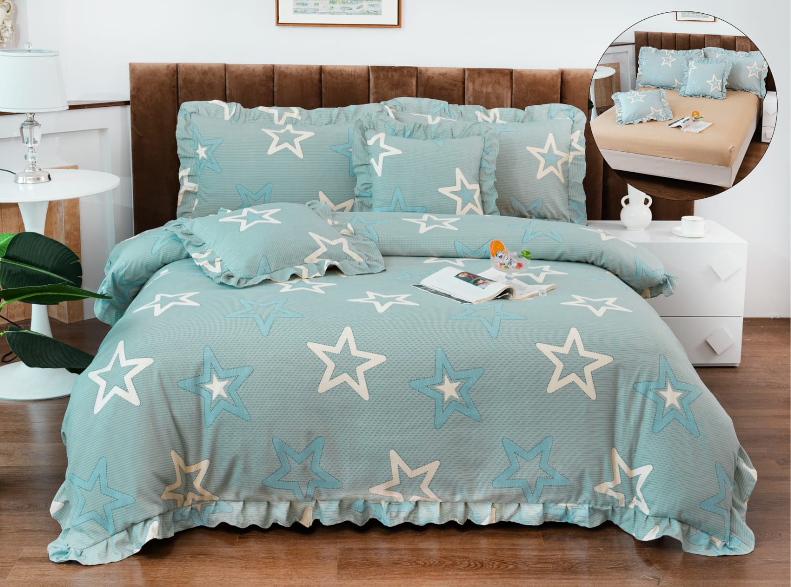 Lenjerie pat, Bumbac Finet, Volanase, 6 Piese, Stele, Multicolor, P23656-Elastic