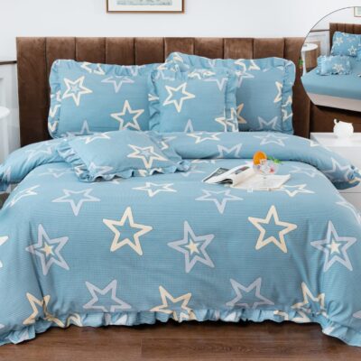 Lenjerie pat, Bumbac Finet, Volanase, 6 Piese, Stele, Albastru, P23654-Elastic