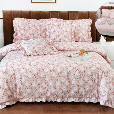 Lenjerie pat, Bumbac Finet, Volanase, 6 Piese, Floricele, Roz, P23659-Elastic