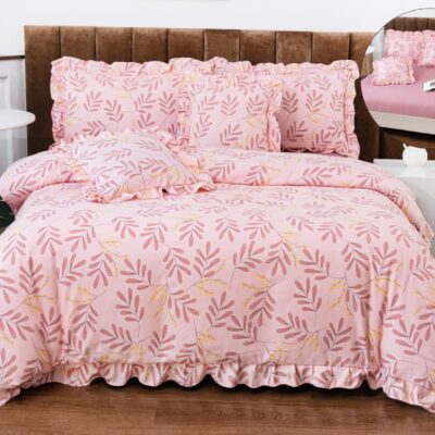 Lenjerie pat, Bumbac Finet, Volanase, 6 Piese, Frunze, Roz, P23662-Elastic