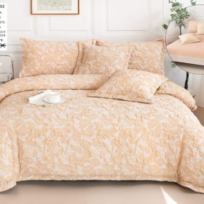 Lenjerie pat, Bumbac Fin, IN Grofat Latos, 6 Piese, Frunze, Alb/Peach, P23667-Elastic