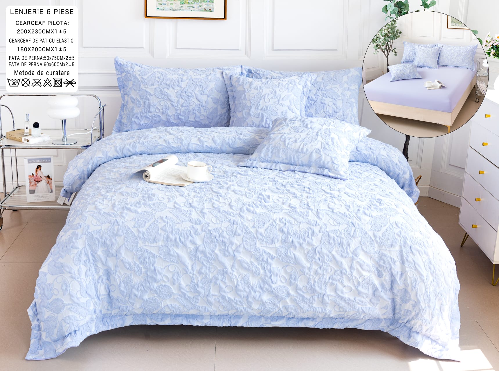 Lenjerie pat, Bumbac Fin, IN Grofat Latos, 6 Piese, Frunze, Alb/Bleu, P23668-Elastic