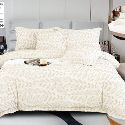 Lenjerie pat, Bumbac Fin, IN Grofat Latos, 6 Piese, Frunze, Crem/Bej, P23675-Elastic
