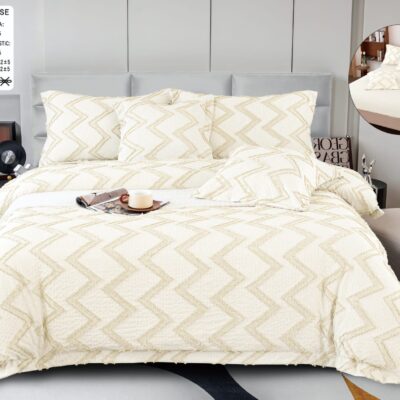 Lenjerie pat, Bumbac Fin, IN Grofat Latos, 6 Piese, Linii, Bej/Crem, P23681-Elastic
