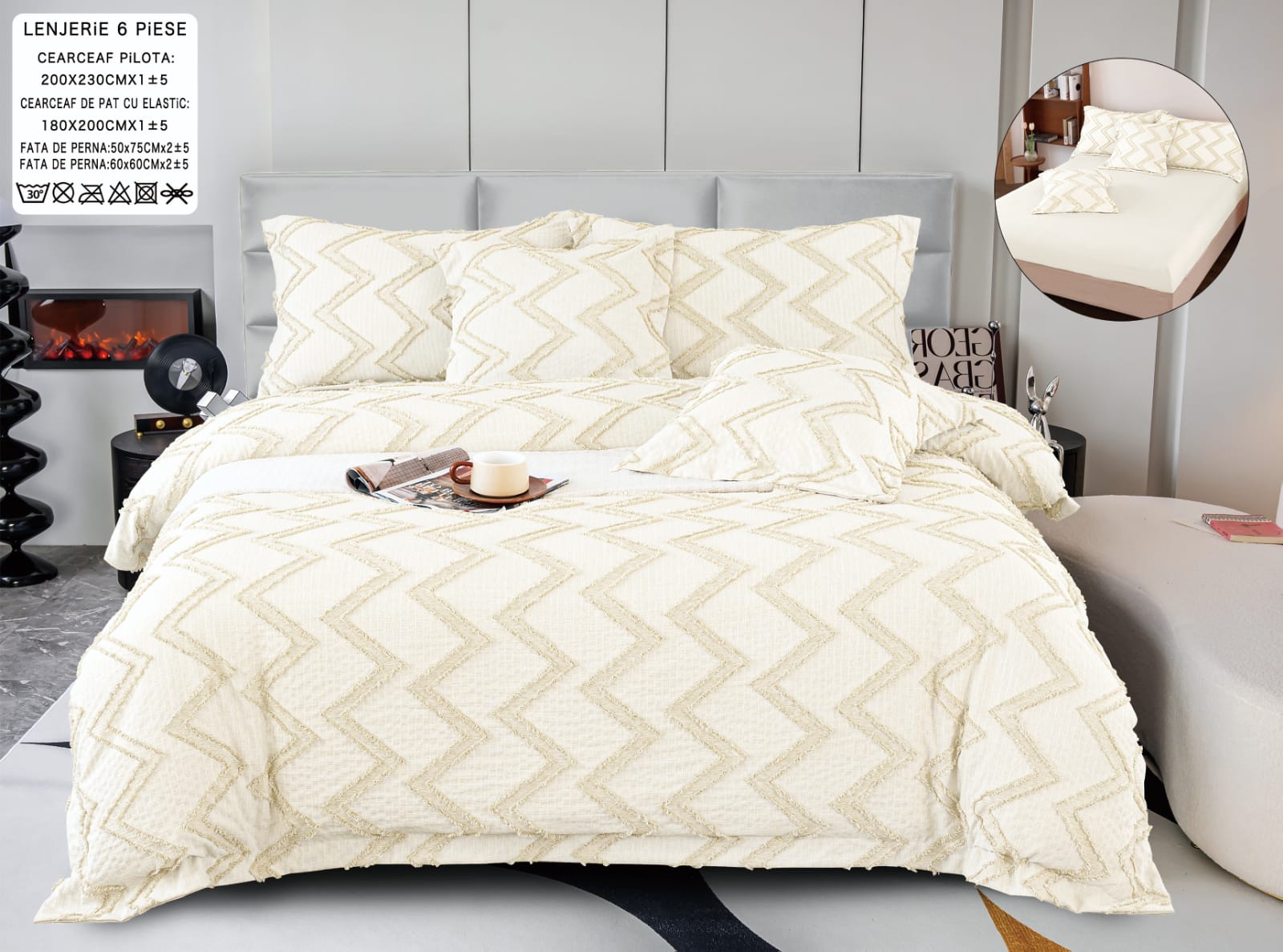 Lenjerie pat, Bumbac Fin, IN Grofat Latos, 6 Piese, Linii, Bej/Crem, P23681-Elastic