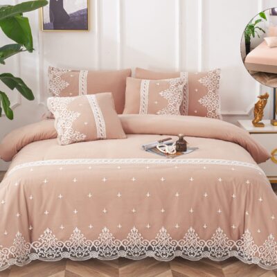 Lenjerie pat, Bumbac Fin, Broderie Si Dantela, 6 Piese, Elegant, Crem, P23695-Elastic