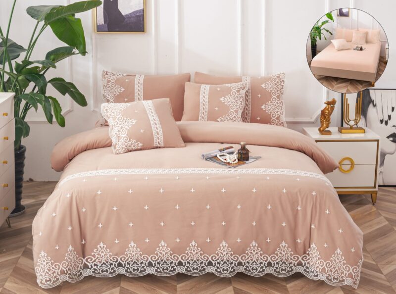 Lenjerie pat, Bumbac Fin, Broderie Si Dantela, 6 Piese, Elegant, Crem, P23695-Elastic