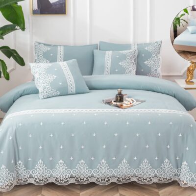 Lenjerie pat, Bumbac Fin, Broderie Si Dantela, 6 Piese, Elegant, Bleu, P23693-Elastic