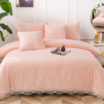 Lenjerie pat, Bumbac Fin, Broderie Si Dantela, 6 Piese, Elegant, Roz Pudra, P23697-Elastic