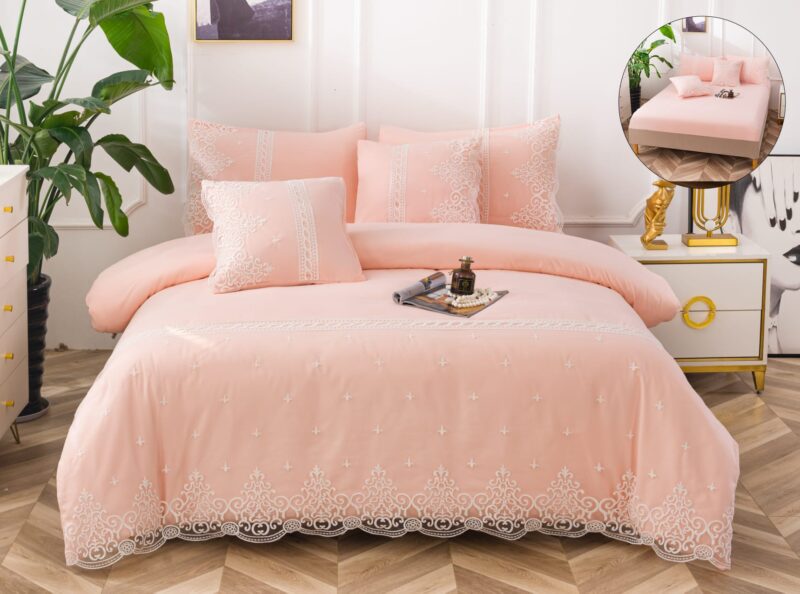 Lenjerie pat, Bumbac Fin, Broderie Si Dantela, 6 Piese, Elegant, Roz Pudra, P23697-Elastic