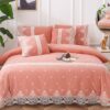 Lenjerie pat, Bumbac Fin, Broderie Si Dantela, 6 Piese, Elegant, Roz, P23698-Elastic