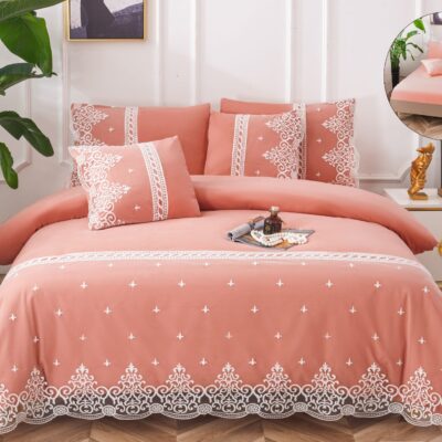 Lenjerie pat, Bumbac Fin, Broderie Si Dantela, 6 Piese, Elegant, Roz, P23698-Elastic