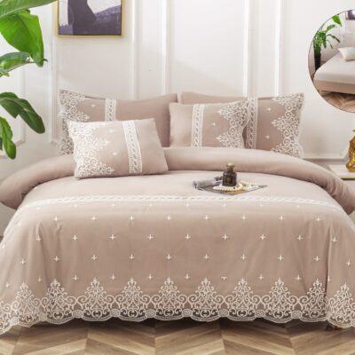 Lenjerie pat, Bumbac Fin, Broderie Si Dantela, 6 Piese, Elegant, Crem, P23699-Elastic