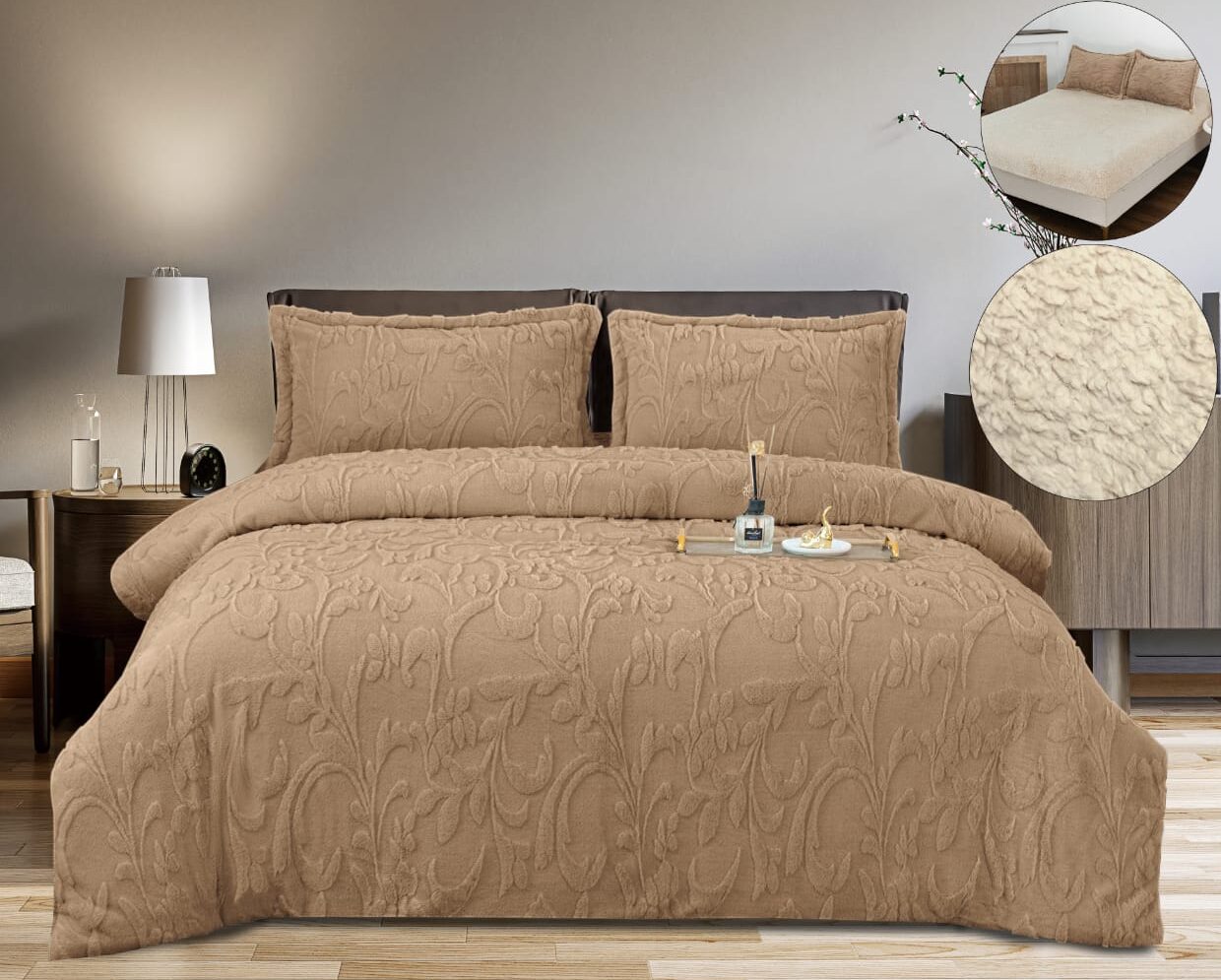 Lenjerie Pat Dublu, Blanita de iepure, 4 Piese, UNI, Grofat, Maro, P23701-Elastic