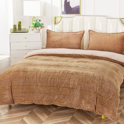 Lenjerie Pat Dublu, Material Pufos Cocolino, 4 Piese, Uni, Maro Deschis, P23711-Elastic