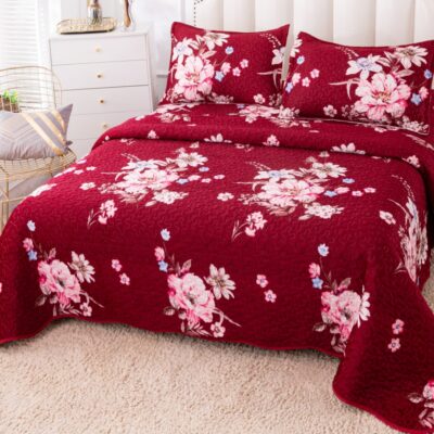 Cuvertura Pentru Pat Dublu, Catifea, 3 Piese, Floricele, Grena, P23723