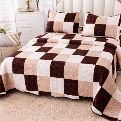 Cuvertura Pentru Pat Dublu, Catifea, 3 Piese, Patratele, Crem/Maro, P23727