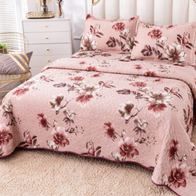 Cuvertura Pentru Pat Dublu, Catifea, 3 Piese, Floricele, Multicolor, P23728