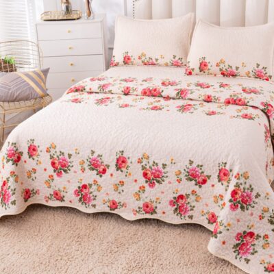 Cuvertura Pentru Pat Dublu, Catifea, 3 Piese, Floricele, Crem, P23732