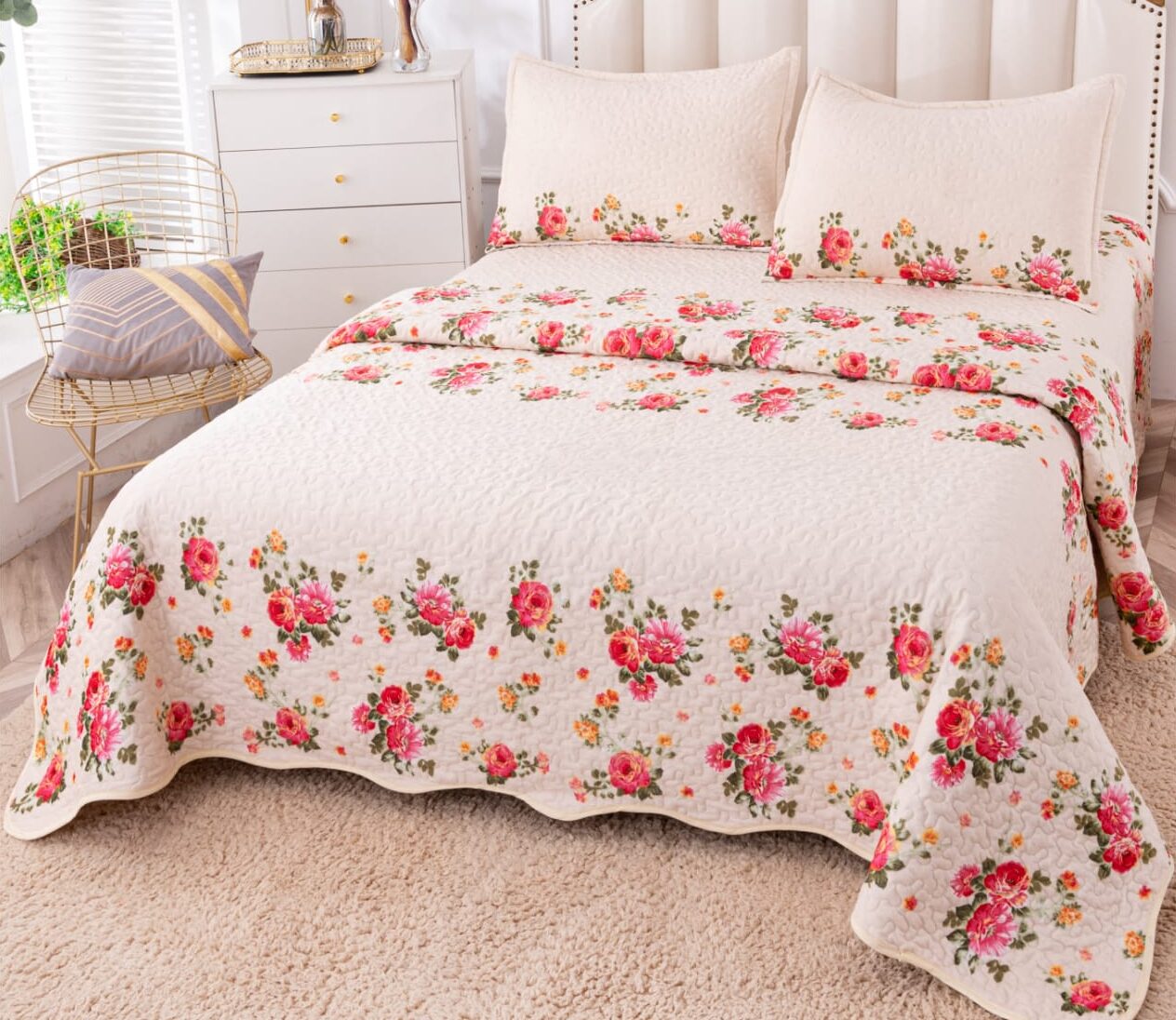 Cuvertura Pentru Pat Dublu, Catifea, 3 Piese, Floricele, Crem, P23732