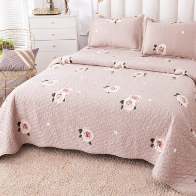 Cuvertura Pentru Pat Dublu, Catifea, 3 Piese, Trandafiri, Crem, P23733