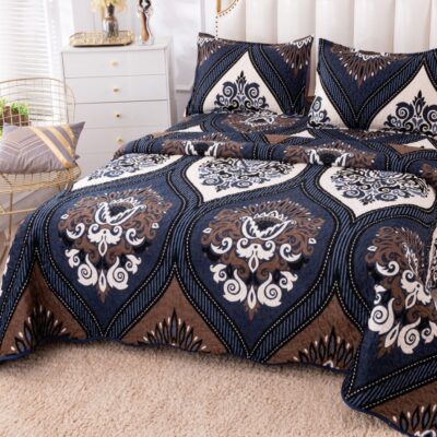 Cuvertura Pentru Pat Dublu, Catifea, 3 Piese, Elegant, Bleumarin/Maro, P23735
