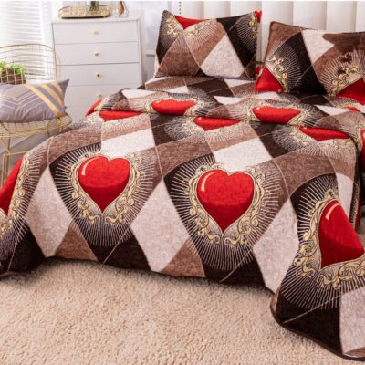 Cuvertura Pentru Pat Dublu, Catifea, 3 Piese, Inimi, Multicolor, P23736