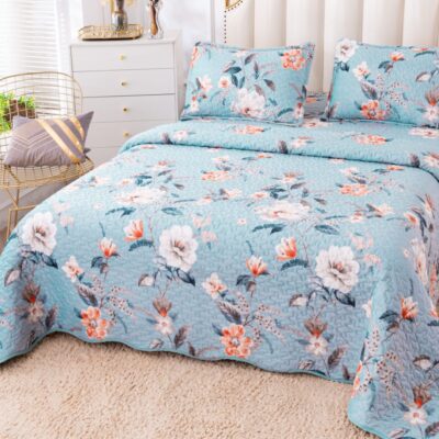 Cuvertura Pentru Pat Dublu, Catifea, 3 Piese, Floricele, Bleu, P23729