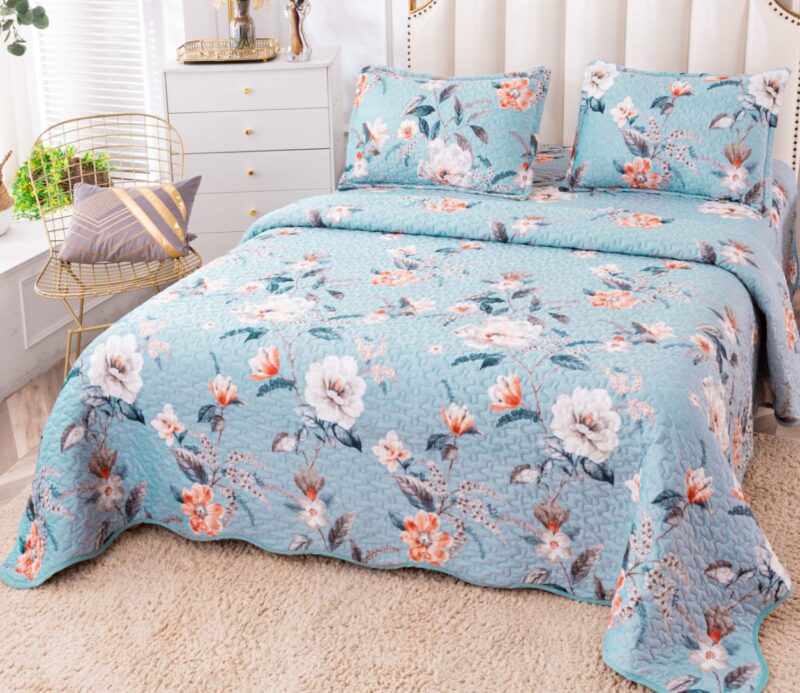 Cuvertura Pentru Pat Dublu, Catifea, 3 Piese, Floricele, Bleu, P23729