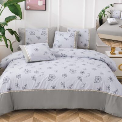 Lenjerie De Lux, Bumbac Finet, 6 Piese, Floricele, Bleu/Gri, P23738-Elastic