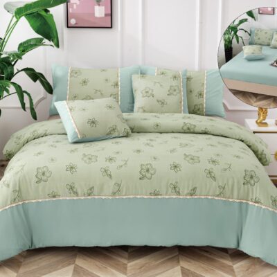 Lenjerie De Lux, Bumbac Finet, 6 Piese, Floricele, Verde, P23739-Elastic