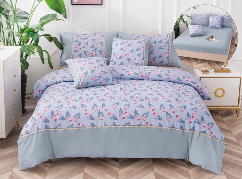 Lenjerie De Lux, Bumbac Finet, 6 Piese, Lalele, Bleu, P23741-Elastic