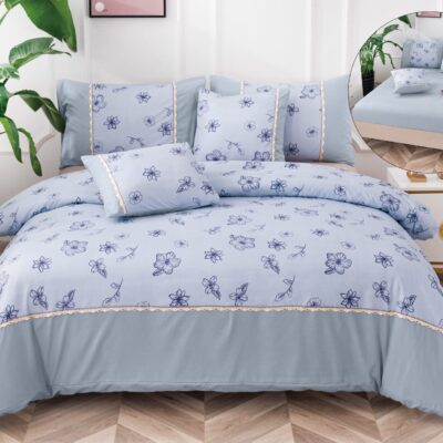 Lenjerie De Lux, Bumbac Finet, 6 Piese, Floricele, Bleu, P23743-Elastic