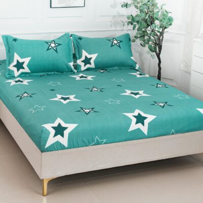 Husa Pat dublu cu elastic, Bumbac Satinat, 180x200, Stele, Turcoaz, P23746
