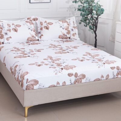 Husa Pat dublu cu elastic, Bumbac Satinat, 180x200, Frunze, Alb/Maro, P23747