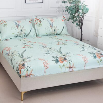 Husa Pat dublu cu elastic, Bumbac Satinat, 180x200, Flori, Turcoaz, P23749