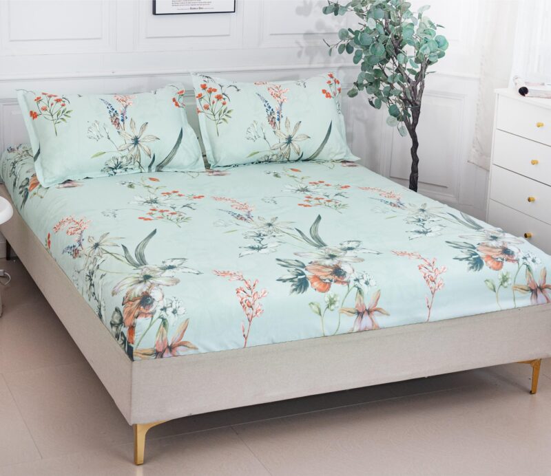 Husa Pat dublu cu elastic, Bumbac Satinat, 180x200, Flori, Turcoaz, P23749