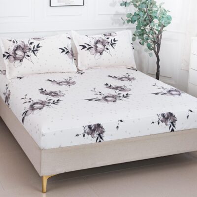 Husa Pat dublu cu elastic, Bumbac Satinat, 180x200, Flori, Alb/Negru, P23750