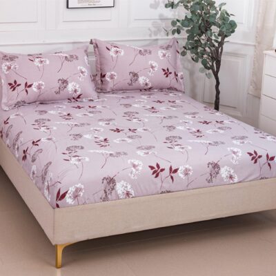 Husa Pat dublu cu elastic, Bumbac Satinat, 180x200, Flori, Roz, P23752