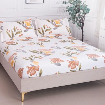 Husa Pat dublu cu elastic, Bumbac Satinat, 180x200, Flori, Alb/Portocaliu, P23755