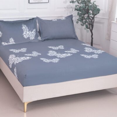 Husa Pat dublu cu elastic, Bumbac Satinat, 180x200, Fluturi, Gri, P23759