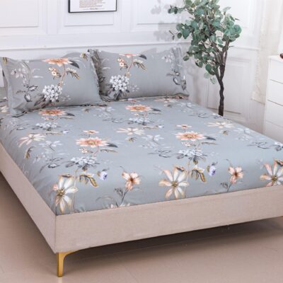 Husa Pat dublu cu elastic, Bumbac Satinat, 180x200, Floricele, Gri, P23760